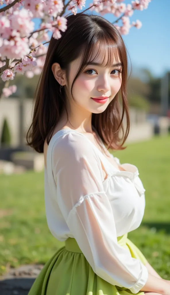 (Best Quality,masterpiece:1.3,Ultra High Resolution),(very detailed,caustics,8k),( realistic:1.4,RAW shooting),1 girl,sit,(smile),(looking down at the camera),20 years old,cute, Japanese,Natural Brown Middle Hair,(white blouse),(Lime Green Flare Skirt),gla...