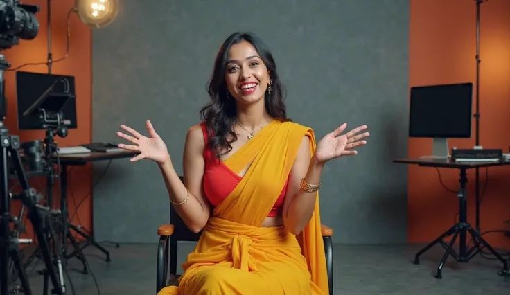 "An Indian young modern Lady sitting on a chair in his modern YouTube studio, wearing yellow saree red bra displaying his boobs looking. 

He is facing forward with a clear and confident expression, using both hands to explain something enthusiastically.

...