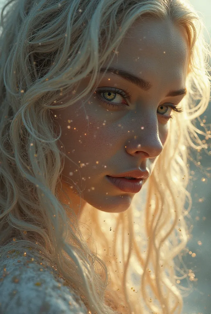 : A close-up of the angel’s face, her radiant golden eyes filled with kindness and wisdom, her flowing hair catching the soft glow of the moon.