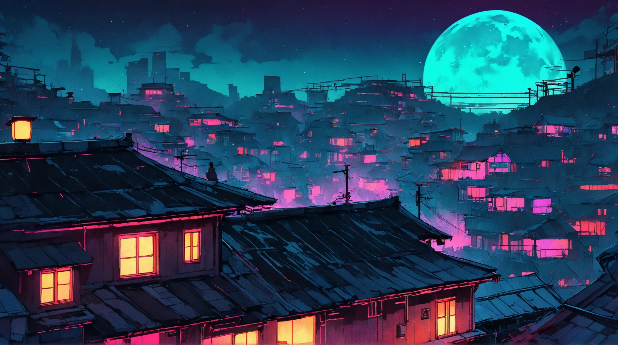 (praise),  Girl Sitting on the Roof of an Old House, Low-fi images,Retro,  flat at honny,2.5D,  night light  ,  Rooftop Scenery , Neonscape, Beautiful colorful night sky,star , Analog Color Themes ,  fantasy , line art , Ink drawing,  Large Incline , water...