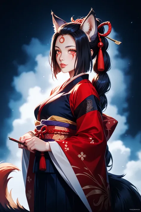 The female personification of a fox with black eyes on the left, red on the right, black tail, ears, and hair, and clothes worn by Onmyoji