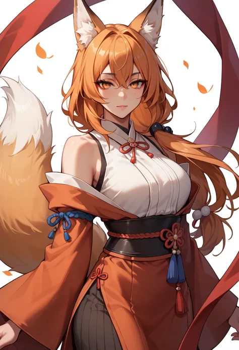 ,tsurime,orange eyes,fox_ears,Fox tail,red_hair,Low-tied long hair,hanfu,1woman