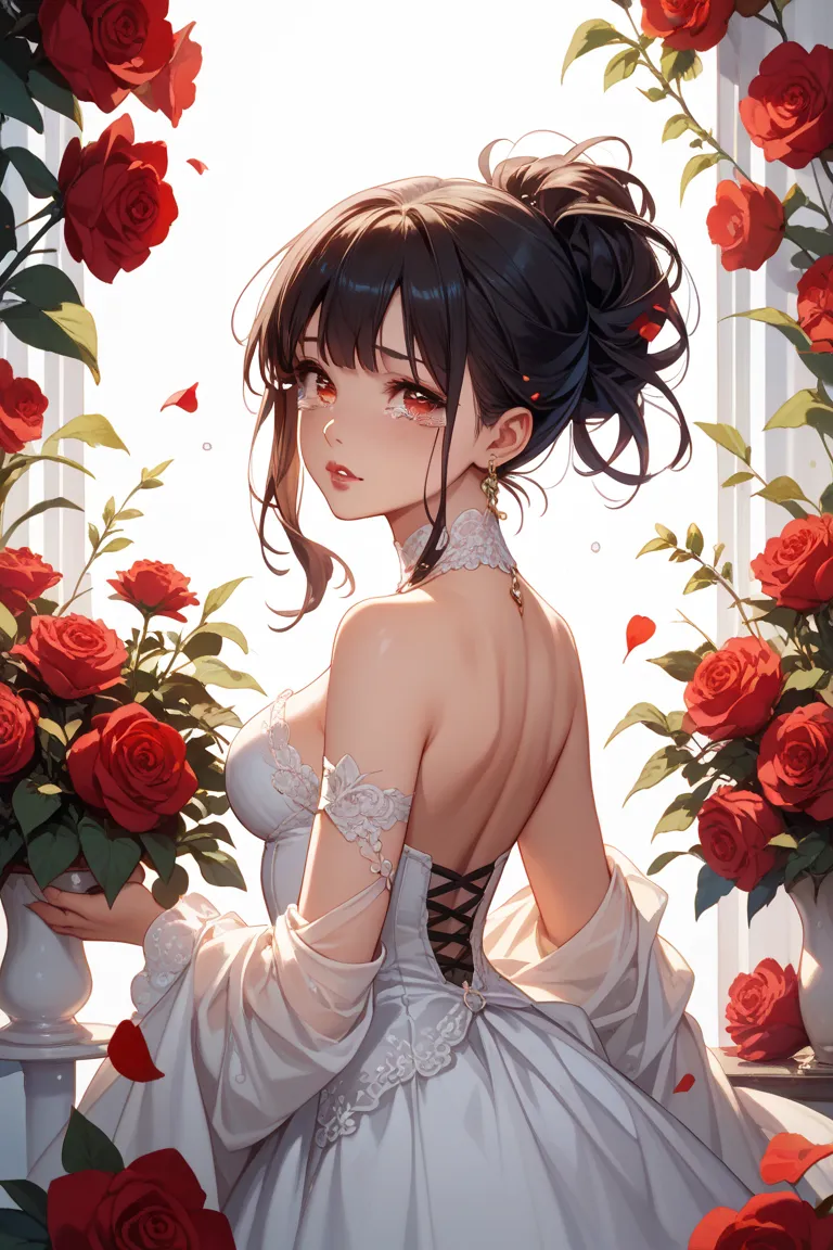 A girl with black hair up to her waist, red eyes, and a beautiful face、red glossy lips、Oshitakoshi、Sit with slender legs 、Skin is exposed、Brown Beauty　Figure standing up and looking back，Tears falling through my eyes、The roses are scattered，sexy