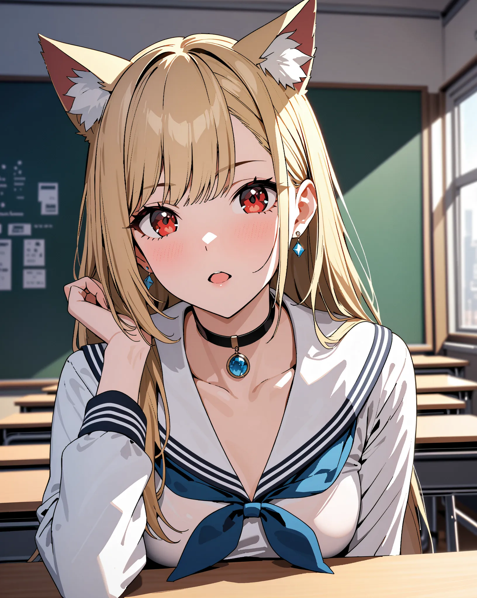 The mysterious transfer student, sailor suit, classroom, Small breasts, Kitagawa Marin, Cat ears:0.7,  1girl , blonde hair, long hair, multicolored hair, red eyes, jewelry, earrings, piercing, black choker, masterpiece:1.5, highest quality, UHD, retina, ma...