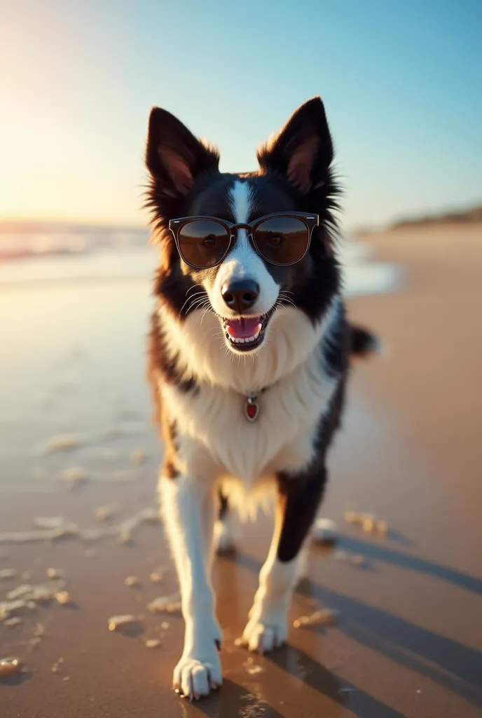 dog border collie en la  beach con sunglasses,dog,border collie, beach,sunglasses, of foot,relaxed,looking at the camera, soft coat,ojos warms,friendly expression, running,playing,4k,photography,natural light,sunset,warm,dorado,relaxing, quiet,Coastal land...