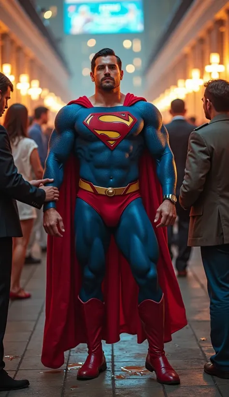 superman with people, hotel, dazzling lights, colorful background detailed,
[Superman : middle aged, bulky, muscular, nice physics, perfect anatomy, feel helpless, humiliated by people, feeling out of energy and orgasm, flows down liquid resembling transpa...