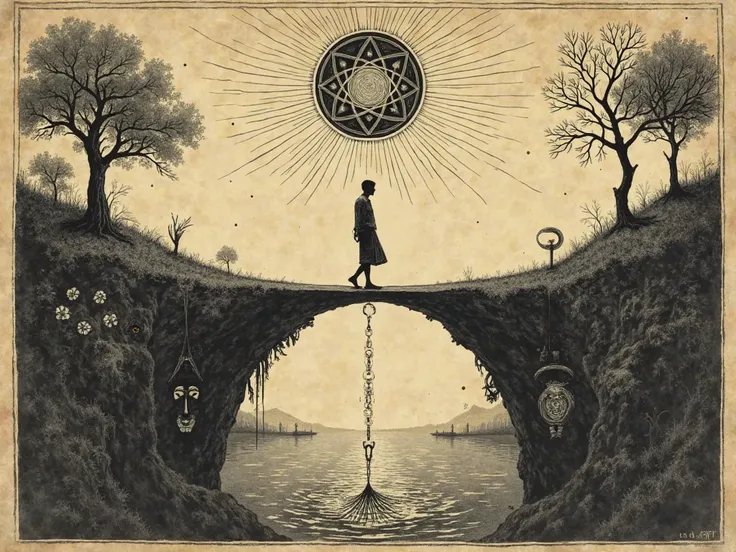 A vintage-style illustration, inspired by early 20th century pictures, with sepia tones and black and white.  in the center, a human figure walking across a narrow bridge over a deep abyss. The figure is divided into two halves: one half is illuminated, re...