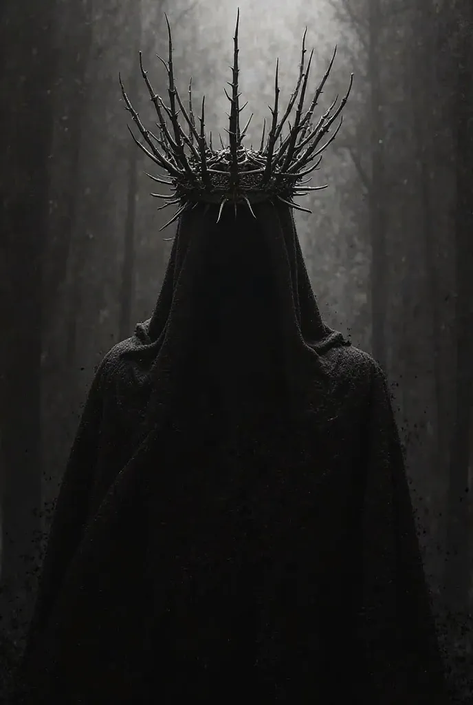 "A black and white image with a crown of sharp and detailed thorns, with dramatic shadows and a dark background. The atmosphere must be intense and mysterious, evoking a sense of danger or conspiracy.