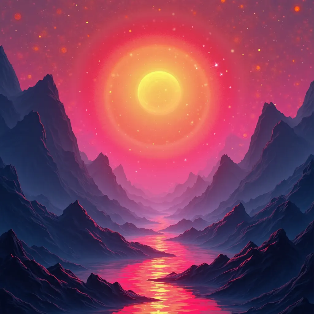 Abstract geometric Abstract landscape with neon glow resembling the sun. Soft, flowing shapes blending into each other, dominated by warm and cool neon tones: pink, purple, blue, orange. The central element is a bright neon sun with rays radiating into abs...