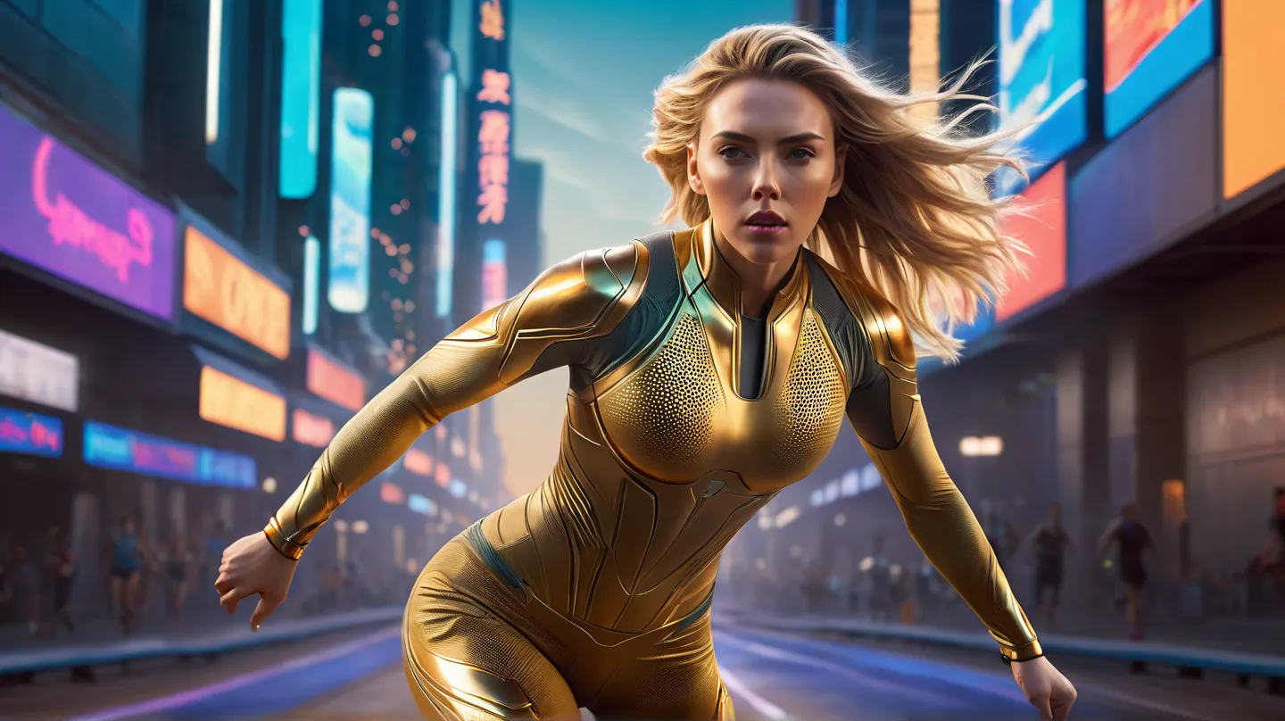 A woman inspired by Scarlett Johansson running with an athletic and powerful posture. His body is strong and sculpted, with toned muscles and a balanced figure. Her golden hair flutters in the wind while her gaze reflects determination and confidence. She ...