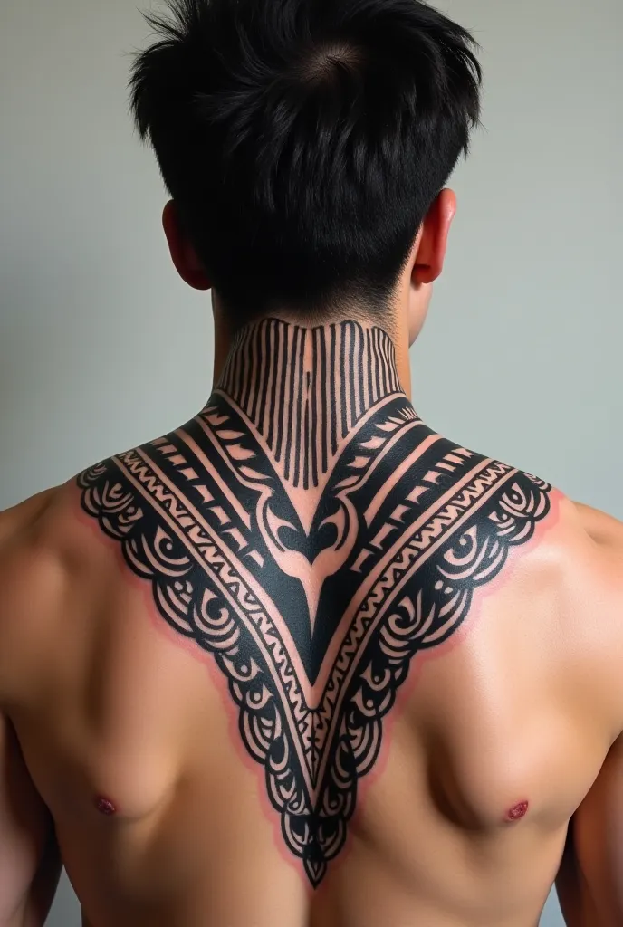 Create a neck tattoo which consists of lines that start vertically at the neck and are arranged in a V-shape. This tattoo continues on the chest and includes Polynesian characters 