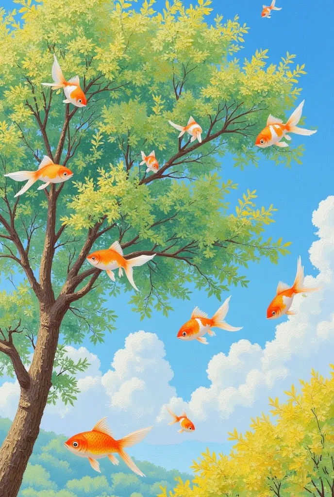 Many goldfish in the big tree，blue sky and white clouds