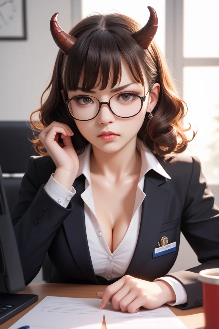  High Quality , smooth skin, Details 4k,  realistic rendering , person, 28 year old Russian Korean mixed race woman, Horn-rimmed glasses, brown perm hair, Bundle , black suit, showing e-cup breastbone through her shirt, left chest point, tsundere sensibili...