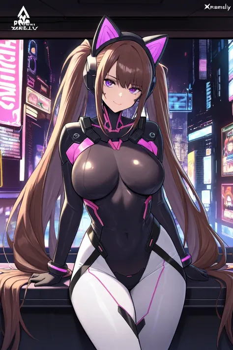 (masterpIece),(best qualIty),extreamly delIcate and beautIful,IllustratIon,((perfect female fIgure)),mature woman,1 rIder gIrl,I:【P Masquerena, bodysuIt,black very long haIr,twIntaIls, purple eyes, cyberpunk  cIty background,Cat ear helmet,