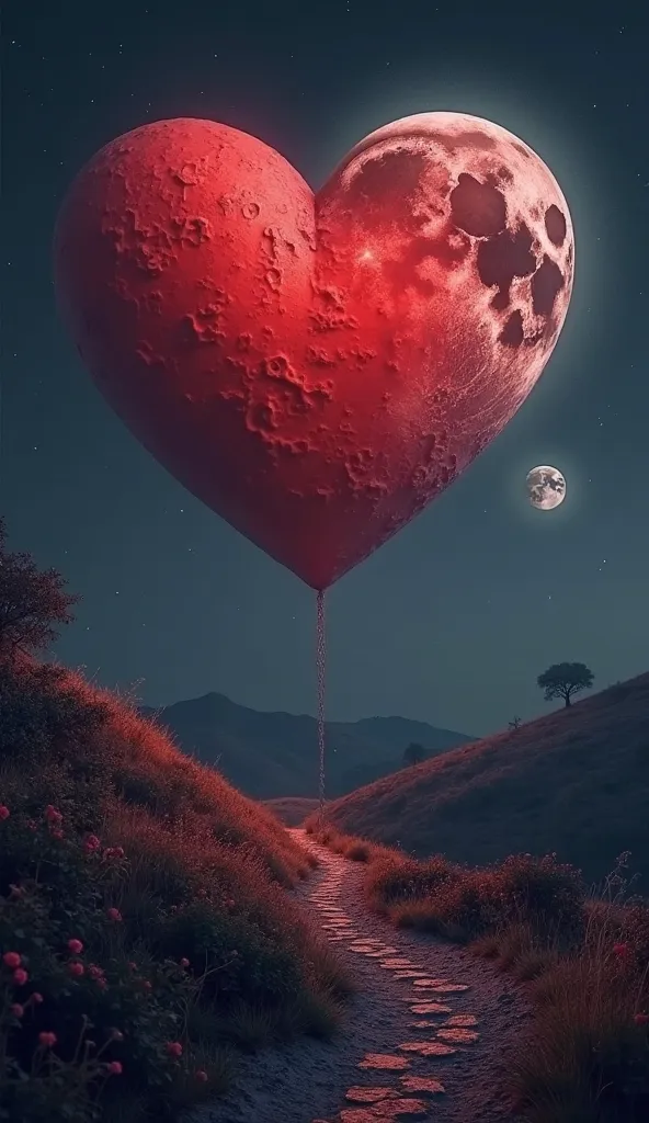 This digital artwork depicts a romantic and surreal night scene. The focal point of the image is a large,  red heart , that seems to float against a dark sky. The heart has a texture resembling the surface of the Moon, with craters and irregularities,  wha...