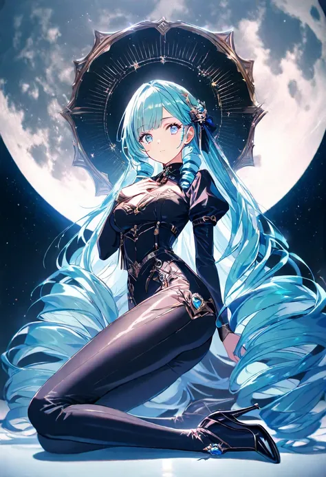 1 girle, Age 15, long hair, drill hair, Mint Cream Hair, Light Blue Eyes, Beautifully drawn lashes are long, full body, pink gothic clothing, High Heels, Relaxing night sky, Full moon background, Anime, Masterpiece, UHD, retina, masterpiece, accurate, anat...