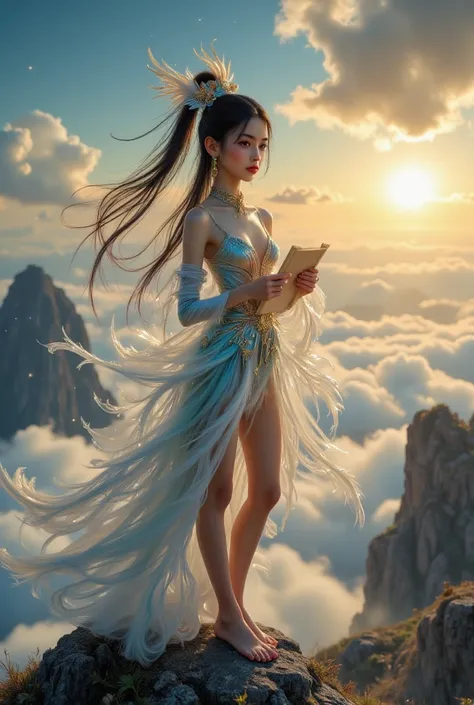 A thin and delicate Chinese girl, 18 years old, is standing on top of a mountain, at the exact moment when the sky and the earth seem to touch. Her slender and fragile body is surrounded by a costume that seems to be made of clouds and stars, with flowing ...