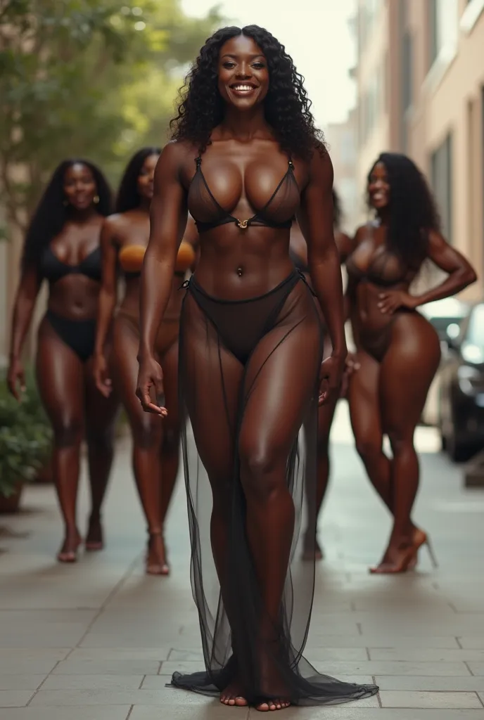 shows her insane physique, shows her most insanely wide (widest widespaced-widespread wide-based) HIPS: LONG TRAPEZOIDAL, thin outfit clings slightly, made from Translucent cellophane, background:: (5Women sultry Bodybuilders: widest angular-Trapezoidal py...