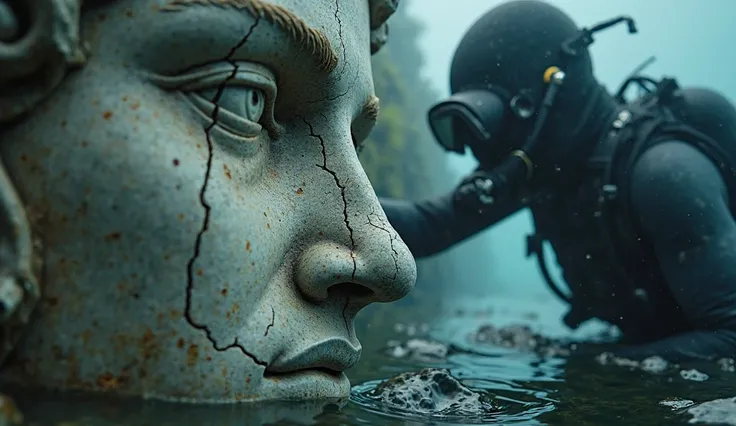 A close-up of a deep crack running along the statue’s face. The edges are worn but unnatural, as if something caused it to split apart. The diver leans in, running a gloved hand over the surface. The water seems oddly still for a moment