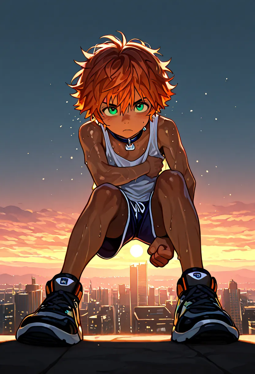 1boy, young male, 18yrs old, brown skin, sweat, dolphin shorts, tank top, fingerless grove, shoes, collar, fighting pose, sunshine, short hair, messy hair, orange hair, green eyes, cinematic lighting, masterpiece, best quality, city square, hong kong