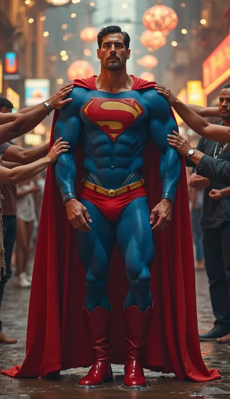 superman with people, hotel, dazzling lights, colorful background detailed,
[Superman : middle aged, bulky, muscular, nice physics, perfect anatomy, feel helpless, humiliated by people, feeling out of energy and orgasm, flows down liquid resembling transpa...