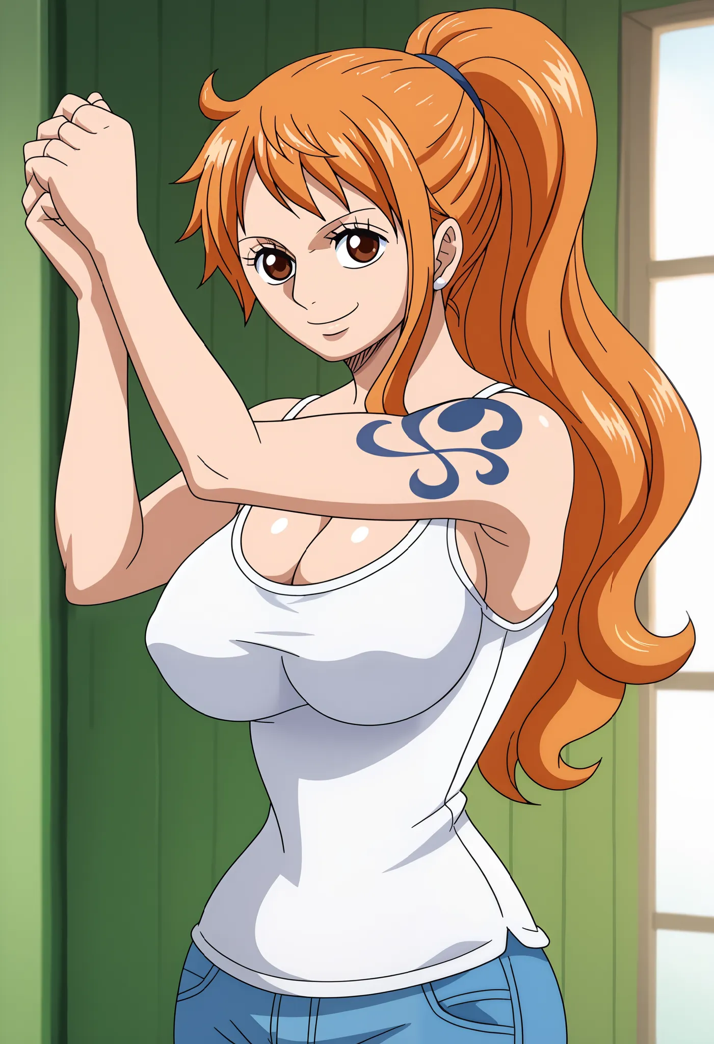 score_9_up, best quality, cowboy shot, anime_source, anime style, (SOLO:1.7), 1girl, Nami, orange hair, (white comesole:1.4), morning, (ponytail:1.7),  (serious smile:1.3), (curvy body:0.7),), (slightly looking at the viewer:1.2) (Medium breasts:1.5), jean...