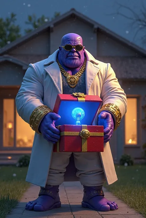 8k realistic ultra HDR A large, stylized figure of Thanos, a fictional comic book character.  He is depicted as a middle-aged, muscular male, with a purple complexion,  and wearing large, gold-framed sunglasses. He's wearing a white, long-sleeved coat, whi...