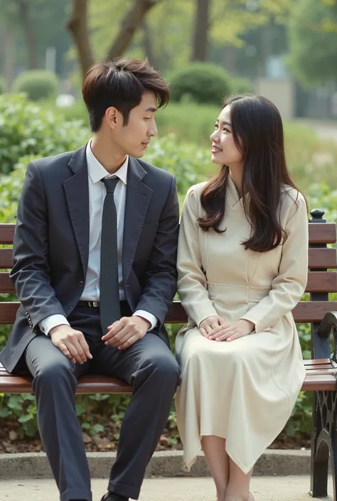 a handsome young man with a Korean face, tall body, wearing neat work clothes complete with jacket and tie, was sitting on a park chair with a beautiful woman with a Korean face, long hair, wearing a casual cream-colored Korean style dress, face to face wh...