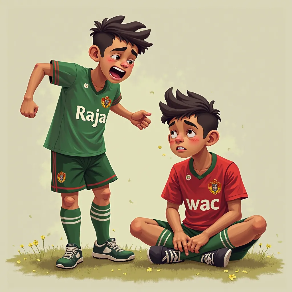 . The picture depicts a young man wearing a green shirt with "Raja ". He looks happy or celebrates a victory, while his friend is next to him who wears a red shirt with "wac"He is sitting on the ground and is sad or crying, probably because of the loss of ...