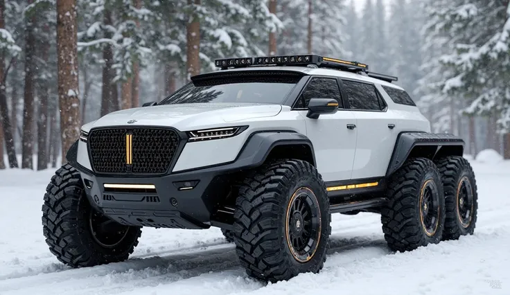 "A futuristic, all-terrain armored expedition vehicle with a sleek, angular design. The vehicle is massive, featuring six large off-road tires, rugged black fender flares, and a high ground clearance. The front showcases an aggressive grille with LED accen...