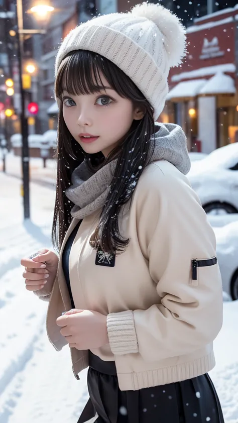 layer skirt:1.3、flight down jacket、Knitted hat、Street lights on a snowy night、On the snow、(( Snow Falling on My Body and Clothes :1.3、It's snowing:1.3))、gloves:1.3、scarf、tights、Greatest Masterpiece:1.3、Best Quality、Raw photo quality、16k、super detailed depi...