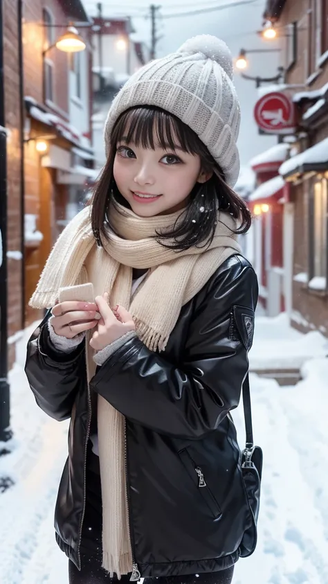 layer skirt:1.3、flight down jacket、Knitted hat、Street lights on a snowy night、On the snow、(( Snow Falling on My Body and Clothes :1.3、It's snowing:1.3))、gloves:1.3、scarf、tights、Greatest Masterpiece:1.3、Best Quality、Raw photo quality、16k、super detailed depi...