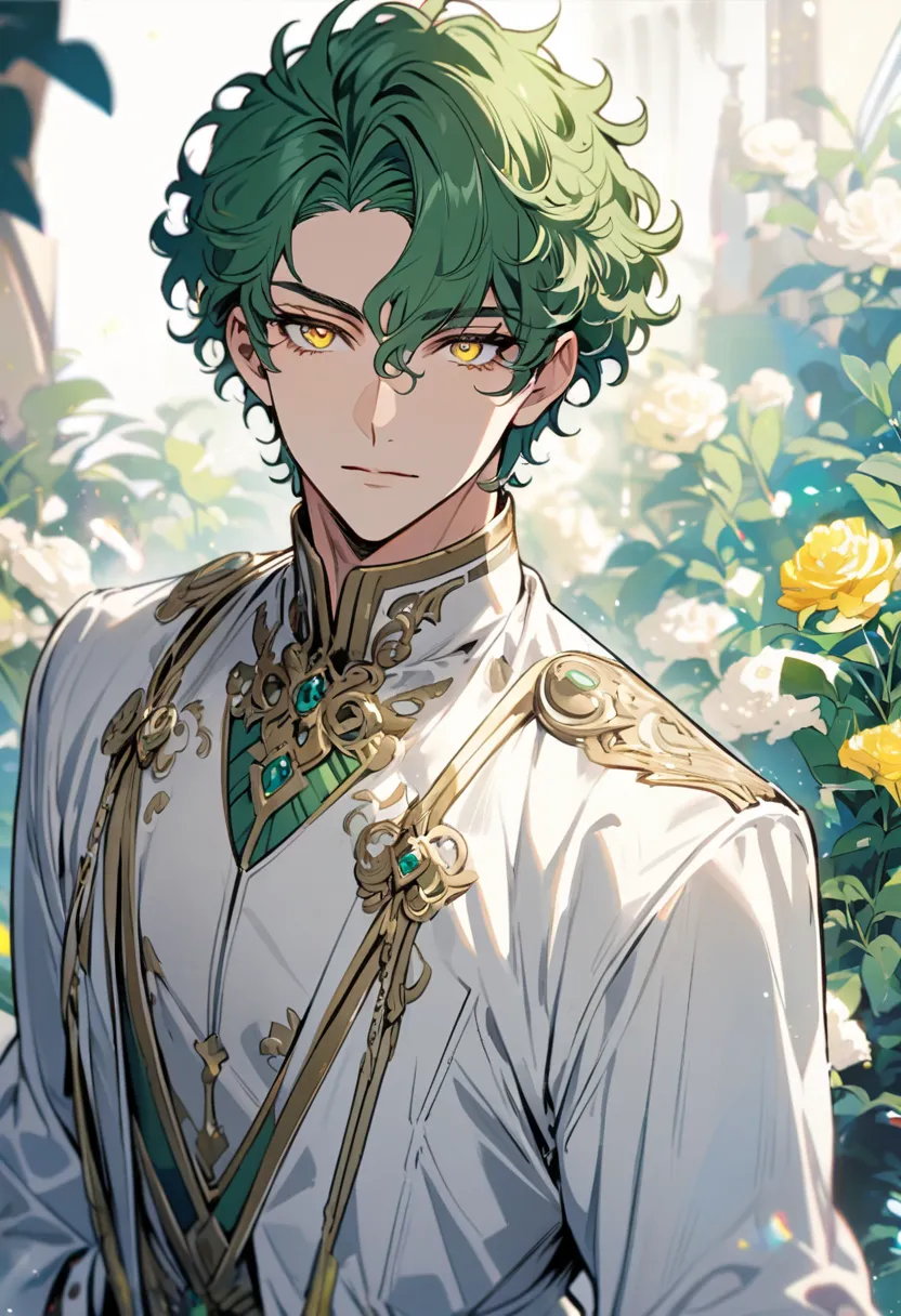 male, solo, handsome, green hair, yellow eyes, short hair, curly hair, beautiful eyes, adult , beautiful color, white coat, short hair, rich