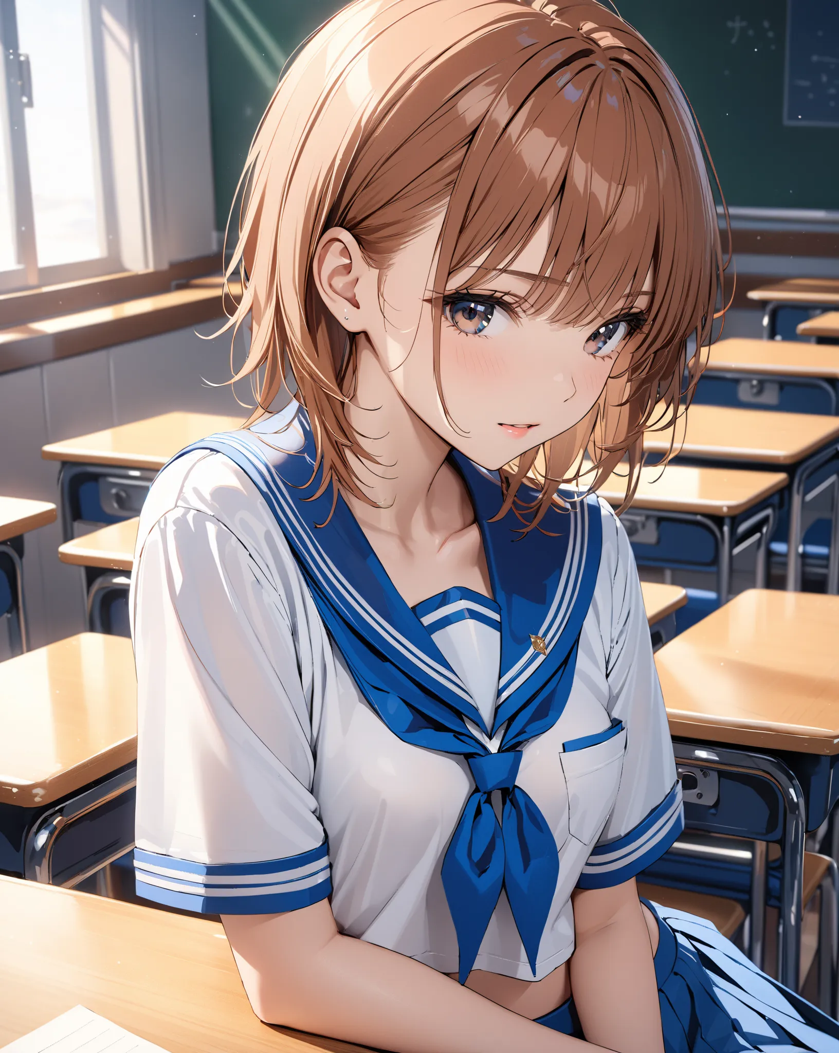 The mysterious transfer student, sailor suit, classroom, Small breasts, (Misaka Mikoto), masterpiece, highest quality, UHD, retina, masterpiece, accurate anatomy, super detailed, high quality, best quality, 8k