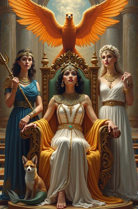 Cleopatra Linda, wonderful on a throne on one side the Goddess Athena, With your armor, On the side Aphrodite with all her delicate style. On top is a burning Phoenix and at Cleopatra's feet lying looking forward is the fox. On Cleopatra's lap sits a small...