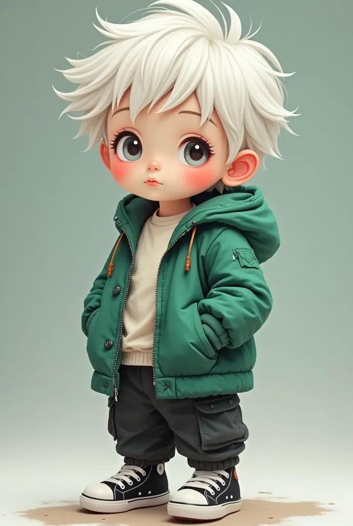 A boy with a white skin tone with white hair with a green coat, black pants, loose cargo, black all-stars shoe and Chibi style.