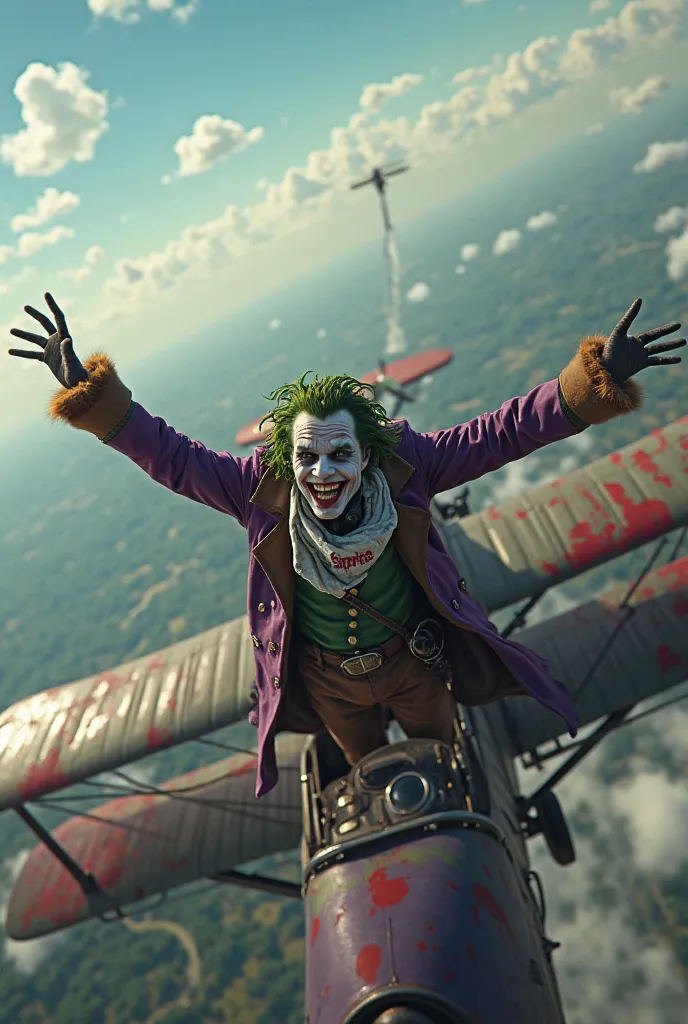 ((Ultra-realistic, cinematic mid-air shot of The Joker piloting an old WWII-era biplane, painted in chaotic colors—purple and green with red streaks along the wings. The open cockpit reveals him gripping the controls, his signature maniacal grin stretching...