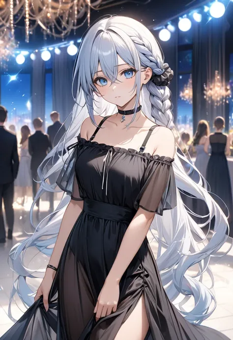 masterpiece, best quality, a women, 30 years old, hair scrunchie, white color extremely long hair, hairs between eyes, braids, sky blue eyes, expressionless, choker, off shoulder, mesh, black dress,  Bra Straps)(background: party venue, crystal blur ).