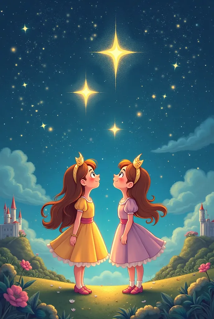 
1. Princess: "Two stars, side by side — just like our twins."in cartoons style please 