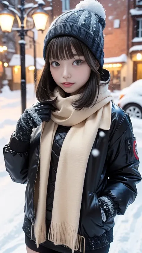 layer skirt:1.3、flight down jacket、Knitted hat、Street lights on a snowy night、On the snow、(( Snow Falling on My Body and Clothes :1.3、It's snowing:1.3))、(gloves:1.3)、scarf、tights、Greatest Masterpiece:1.3、Best Quality、Raw photo quality、16k、super detailed de...