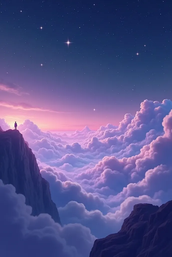 A realistic POV of dreamy ethereal night scenery of purple and pink shaded cloud bed visible from an edge of a mountain and stars in the sky