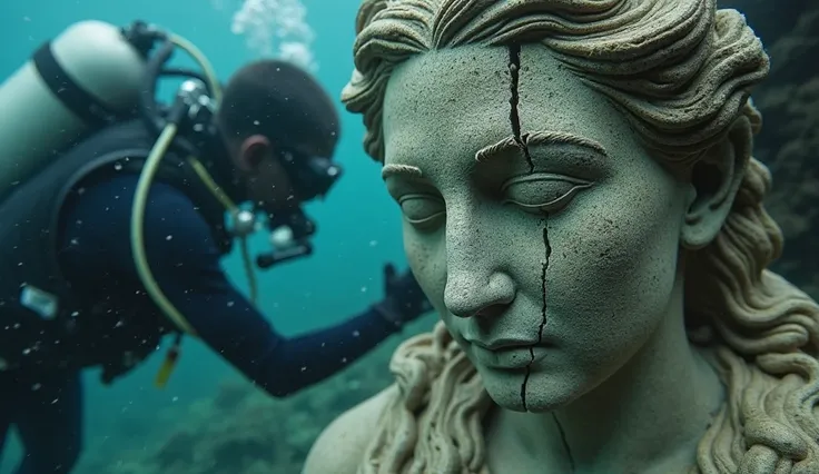 A close-up of a deep crack running along the statue’s face. The edges are worn but unnatural, as if something caused it to split apart. The diver leans in, running a gloved hand over the surface. The water seems oddly still for a moment