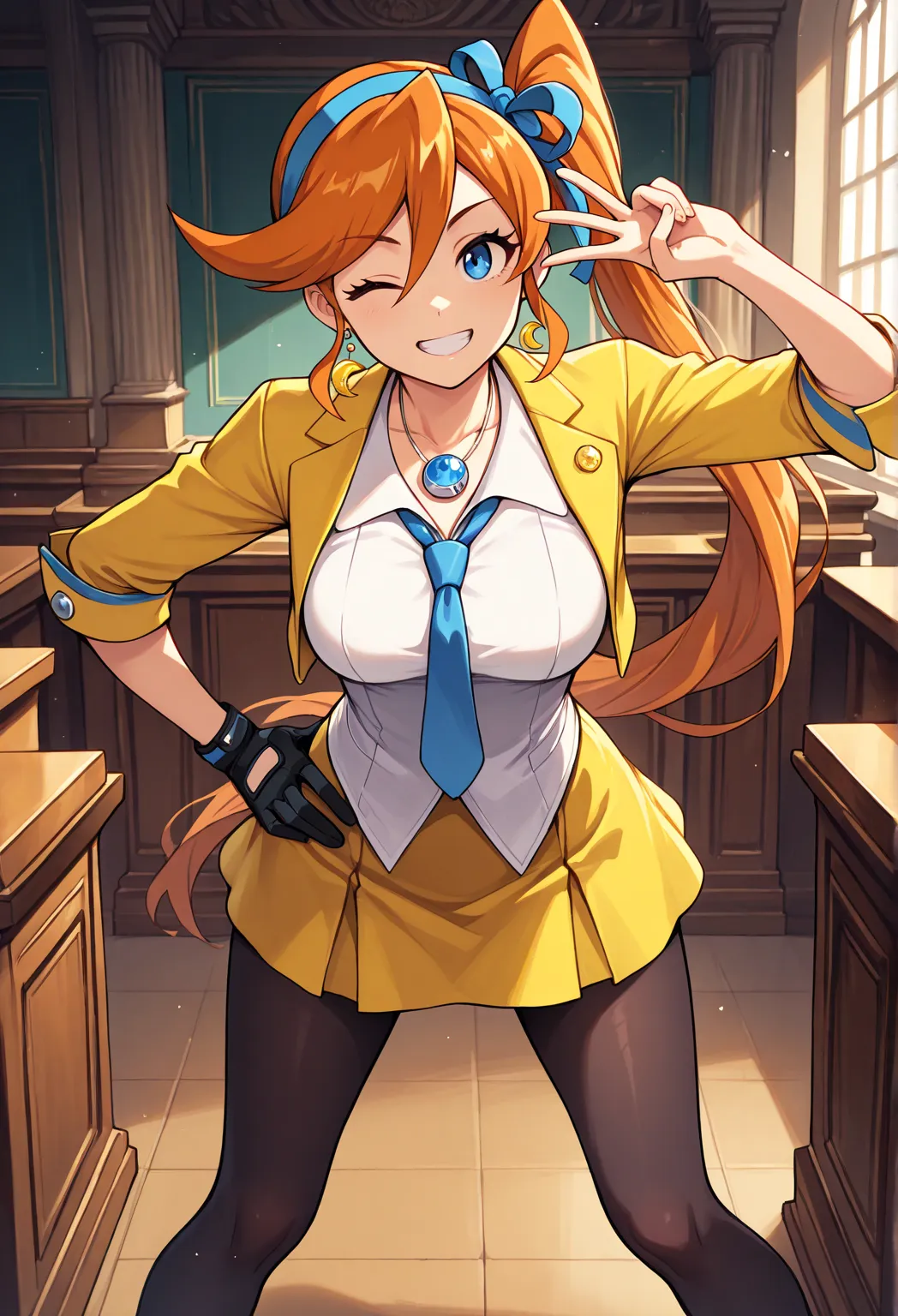 masterpiece, best quality, solo, 1girl, athcyks, grin, looking at viewer, standing, legs apart, v, hand on own hip, orange hair, side ponytail, hair ribbon, blue ribbon, blue hairband, blue eyes, one eye closed, yellow jacket, cropped jacket, open jacket, ...