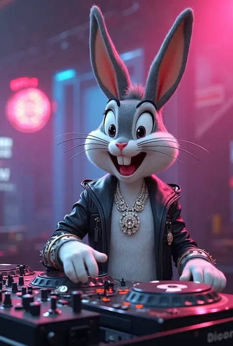 make a photo of Bugs Bunny as a DJ using a diamond necklace and ring