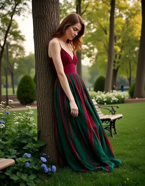 A candid yet refined photograph of a young woman with warm brown hair, slightly wavy at the ends, falling freely over her shoulders.

She wears an eye-catching dress with a fitted bodice in rich burgundy and black lace-up details, paired with a long, full ...