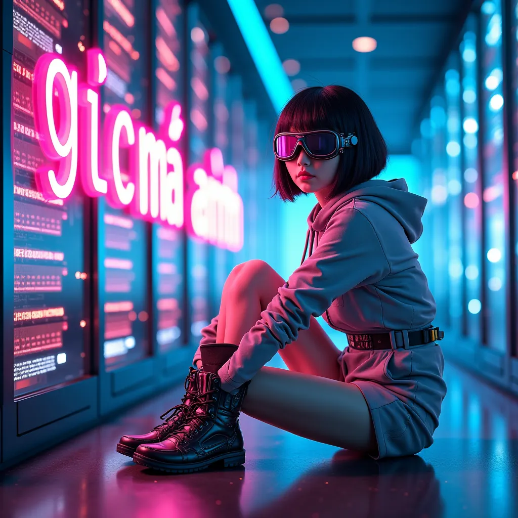 Angle from below 8k,  Japanese woman, pretty face, short cut hair, bangs, black hair, bangs, blurred background, blur, background is future high-tech server room neon, chromatic aberration, knee high, looking up, motion blur, Photo_Curly, future robot armo...