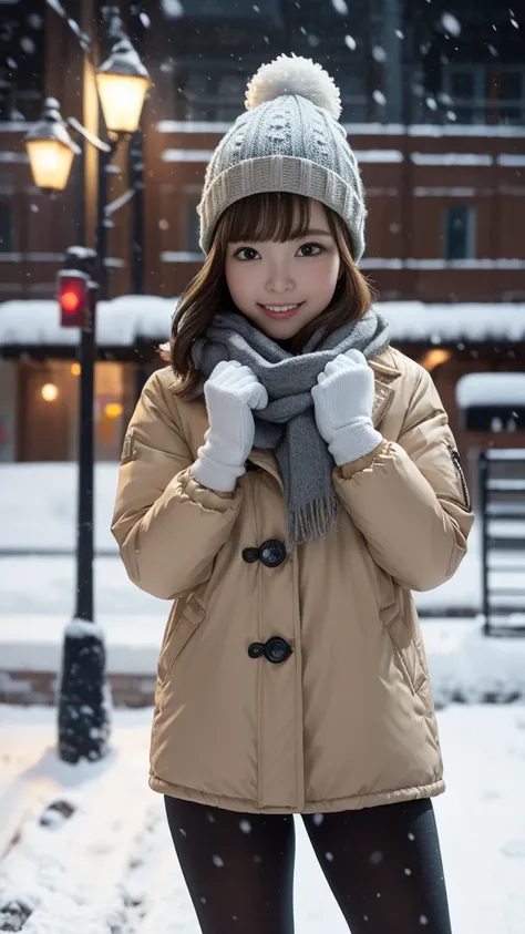 layer skirt:1.3、flight down jacket、Knitted hat、Street lights on a snowy night、On the snow、(( Snow Falling on My Body and Clothes :1.3、It's snowing:1.3))、(gloves:1.3)、scarf、tights、Greatest Masterpiece:1.3、Best Quality、Raw photo quality、16k、super detailed de...