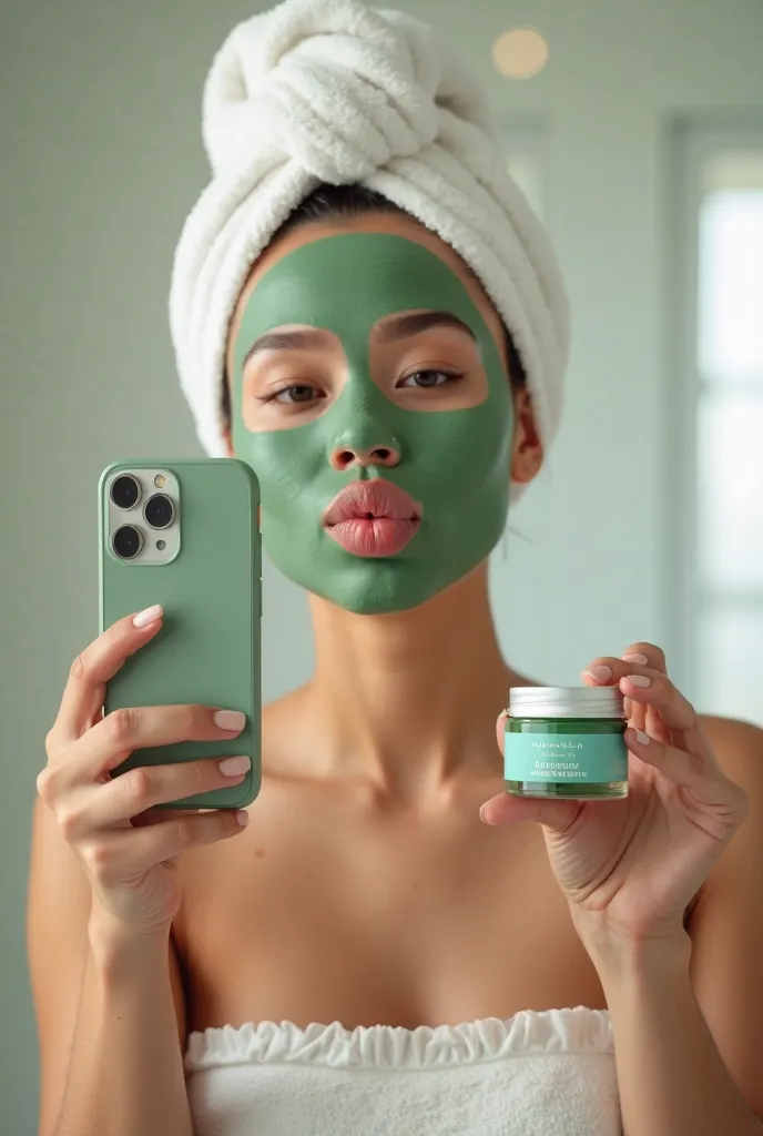 Mirror Selfie – Self-Care Moment

"A dynamic and engaging skincare product mockup featuring a young woman taking a mirror selfie while applying the Aquamira facial olive green clay mask. She holds the open frosted glass jar in one hand, showcasing the thic...