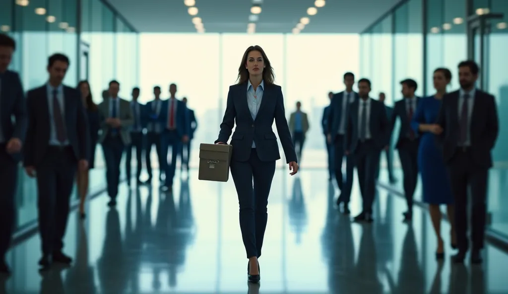 A businesswoman walking confidently through corporate hallways with glass-walled conference rooms. Employees watch her with a mixture of sympathy and uncertainty. She carries a small box of personal items, but her posture and expression show determination ...