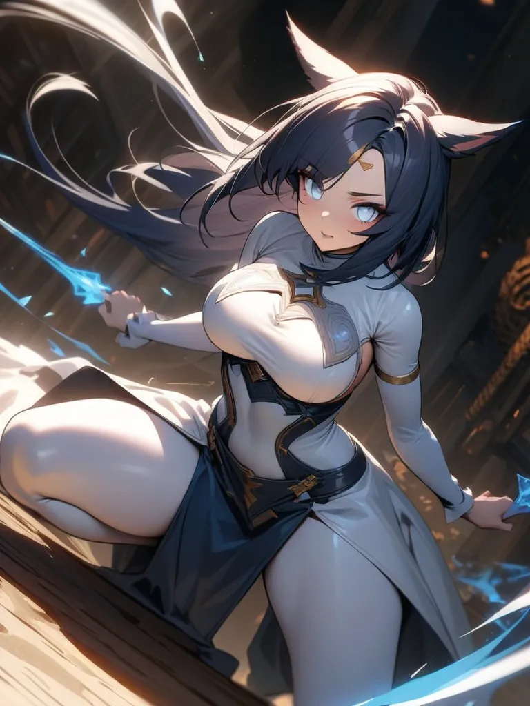 Best quality, extreme details, hdr, masterpiece, perfect eyes, 1female, absurdes, clean lines, ombré colors, extreme bold outlines, perfect hands, guweiz 

very detailed full body of a female miqo’te, keepers of the moon. very long dark blue hair straight ...